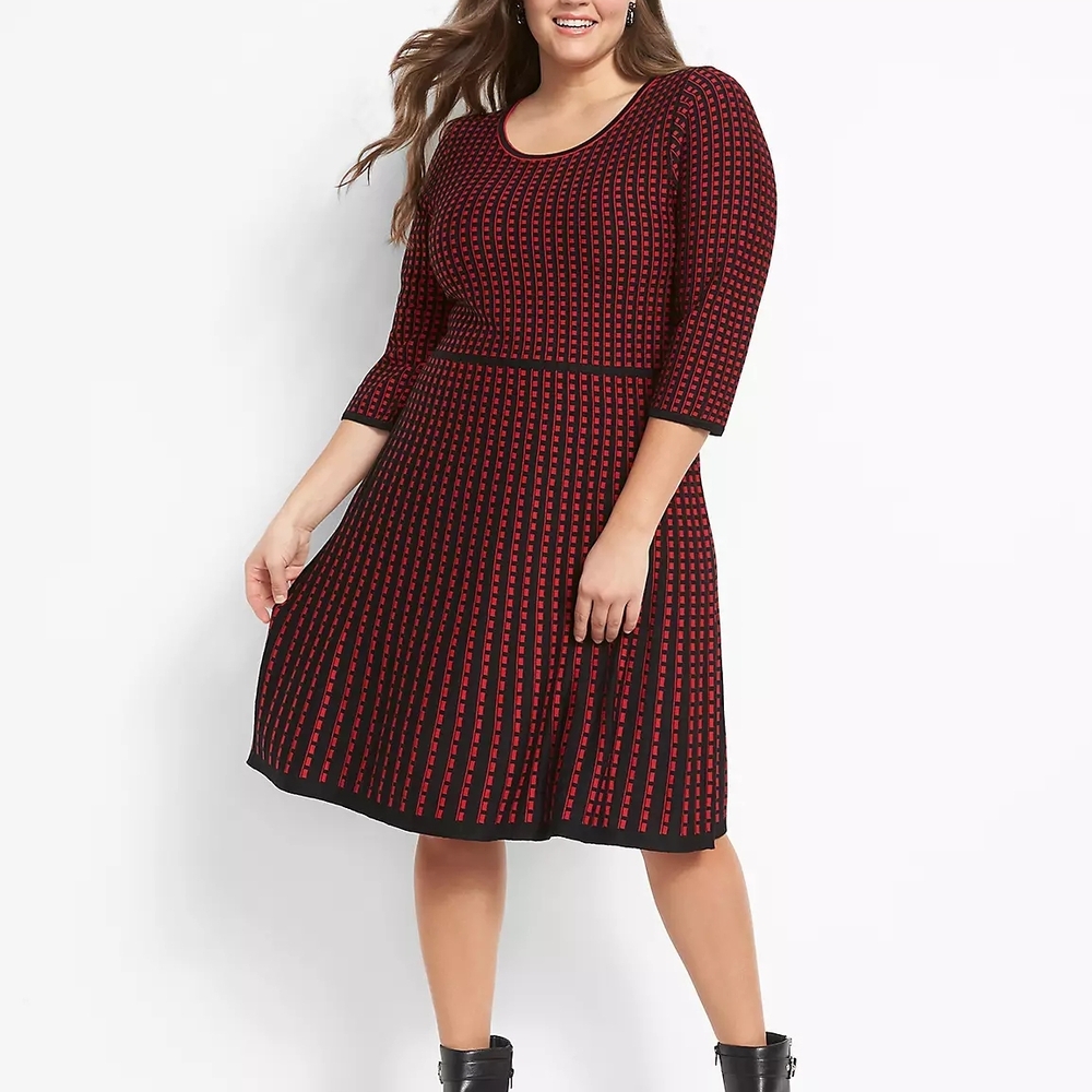 Lane Bryant Fit & Flare Sweater Dress Black Red Size 22/24 Comfy Teacher Holiday